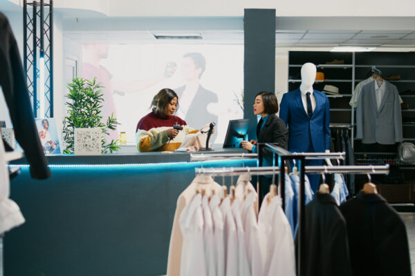 Asian person paying for merchandise at cash register, using card at pos terminal in clothing store. Young happy woman talking to retail worker, buying trendy formal wear. Commercial activity.